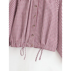 Women Clothing Simple Casual Long Sleeve Stand Collar Adjustable Lace up Plaid Coat