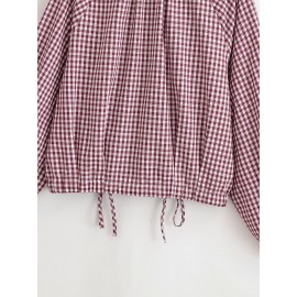 Women Clothing Simple Casual Long Sleeve Stand Collar Adjustable Lace up Plaid Coat
