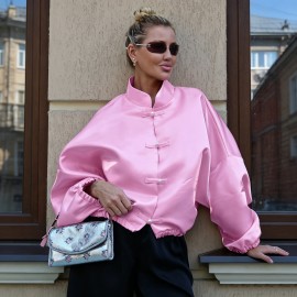 Fall Chinese Satin Coat Women Stand Collar Buckle Loose Lantern Sleeve National Design All Matching Top