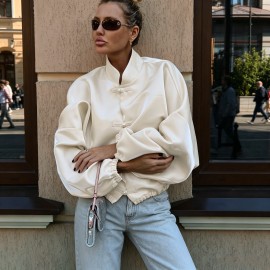 Fall Chinese Satin Coat Women Stand Collar Buckle Loose Lantern Sleeve National Design All Matching Top
