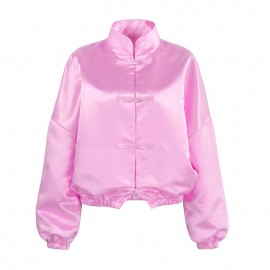 Fall Chinese Satin Coat Women Stand Collar Buckle Loose Lantern Sleeve National Design All Matching Top