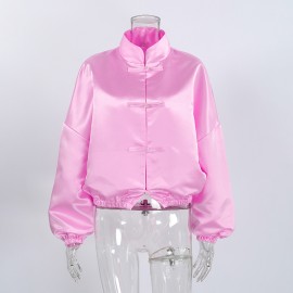 Fall Chinese Satin Coat Women Stand Collar Buckle Loose Lantern Sleeve National Design All Matching Top