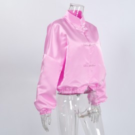 Fall Chinese Satin Coat Women Stand Collar Buckle Loose Lantern Sleeve National Design All Matching Top