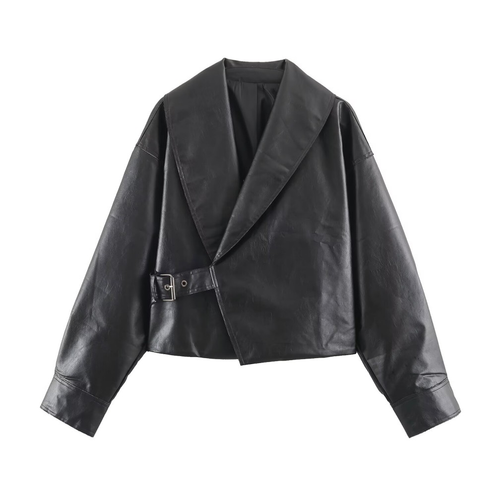 Women Clothing Autumn Winter Casual Long Sleeved Collared Faux Leather Buckle Coat