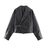 Women Clothing Autumn Winter Casual Long Sleeved Collared Faux Leather Buckle Coat