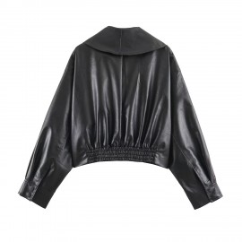 Women Clothing Autumn Winter Casual Long Sleeved Collared Faux Leather Buckle Coat