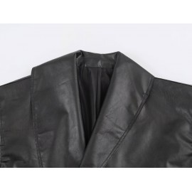Women Clothing Autumn Winter Casual Long Sleeved Collared Faux Leather Buckle Coat