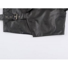Women Clothing Autumn Winter Casual Long Sleeved Collared Faux Leather Buckle Coat