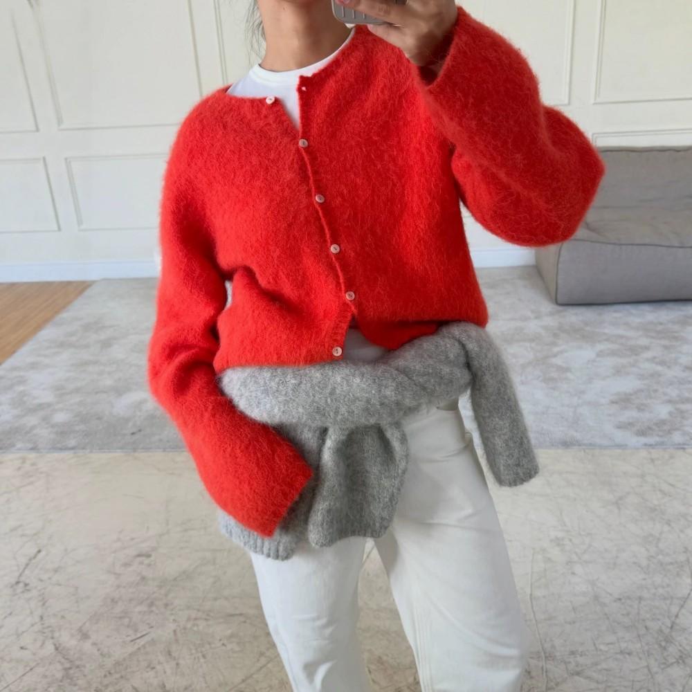 Wind Women Wool Cardigan Spring Autumn Loose round Neck Knitted Short Coat Soft Long Sleeve Sweater
