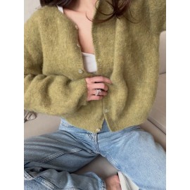 Wind Women Wool Cardigan Spring Autumn Loose round Neck Knitted Short Coat Soft Long Sleeve Sweater