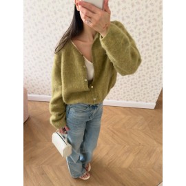 Wind Women Wool Cardigan Spring Autumn Loose round Neck Knitted Short Coat Soft Long Sleeve Sweater
