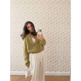 Wind Women Wool Cardigan Spring Autumn Loose round Neck Knitted Short Coat Soft Long Sleeve Sweater