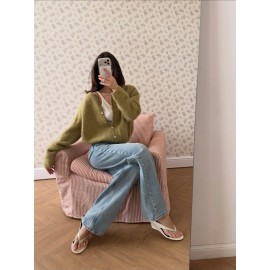 Wind Women Wool Cardigan Spring Autumn Loose round Neck Knitted Short Coat Soft Long Sleeve Sweater