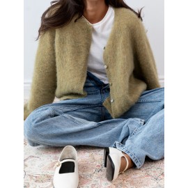 Wind Women Wool Cardigan Spring Autumn Loose round Neck Knitted Short Coat Soft Long Sleeve Sweater