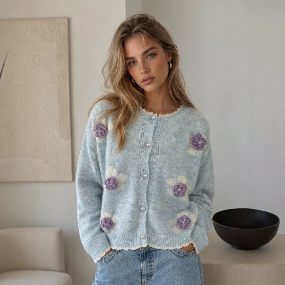 Floral Knitted Cardigan Frayed Neckline Single Breasted Three Dimensional Floral Coat Fresh