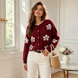 Floral Knitted Cardigan Frayed Neckline Single Breasted Three Dimensional Floral Coat Fresh