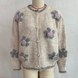 Floral Knitted Cardigan Frayed Neckline Single Breasted Three Dimensional Floral Coat Fresh