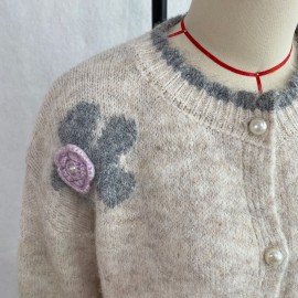 Floral Knitted Cardigan Frayed Neckline Single Breasted Three Dimensional Floral Coat Fresh