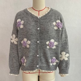 Floral Knitted Cardigan Frayed Neckline Single Breasted Three Dimensional Floral Coat Fresh