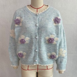 Floral Knitted Cardigan Frayed Neckline Single Breasted Three Dimensional Floral Coat Fresh