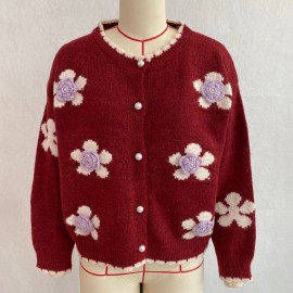 Floral Knitted Cardigan Frayed Neckline Single Breasted Three Dimensional Floral Coat Fresh