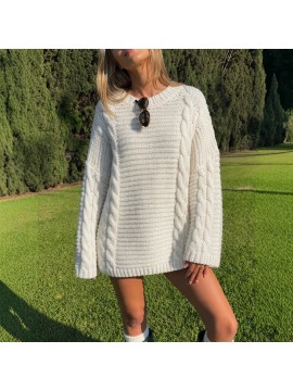 Round Neck Long Pattern Twisted Dress Sweater Twist Knitted Sweater Autumn Winter Loose Sweater