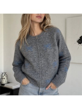 Retro Bow Jacquard Knitted Cardigan Wool Zipped round Neck Cardigan Sweater Top