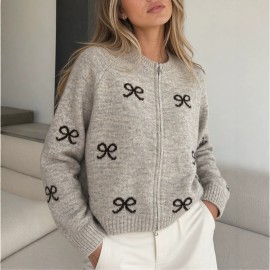 Retro Bow Jacquard Knitted Cardigan Wool Zipped round Neck Cardigan Sweater Top