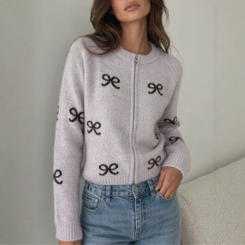 Retro Bow Jacquard Knitted Cardigan Wool Zipped round Neck Cardigan Sweater Top