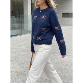 Retro Bow Jacquard Knitted Cardigan Wool Zipped round Neck Cardigan Sweater Top