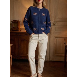 Retro Bow Jacquard Knitted Cardigan Wool Zipped round Neck Cardigan Sweater Top