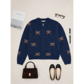 Retro Bow Jacquard Knitted Cardigan Wool Zipped round Neck Cardigan Sweater Top