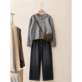 Retro Bow Jacquard Knitted Cardigan Wool Zipped round Neck Cardigan Sweater Top