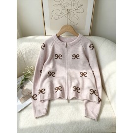 Retro Bow Jacquard Knitted Cardigan Wool Zipped round Neck Cardigan Sweater Top