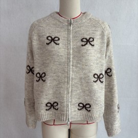 Retro Bow Jacquard Knitted Cardigan Wool Zipped round Neck Cardigan Sweater Top