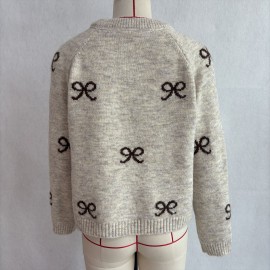Retro Bow Jacquard Knitted Cardigan Wool Zipped round Neck Cardigan Sweater Top
