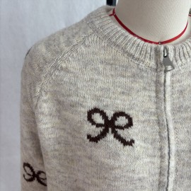 Retro Bow Jacquard Knitted Cardigan Wool Zipped round Neck Cardigan Sweater Top