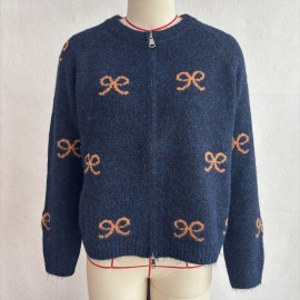 Retro Bow Jacquard Knitted Cardigan Wool Zipped round Neck Cardigan Sweater Top