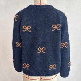 Retro Bow Jacquard Knitted Cardigan Wool Zipped round Neck Cardigan Sweater Top