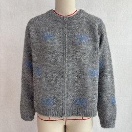 Retro Bow Jacquard Knitted Cardigan Wool Zipped round Neck Cardigan Sweater Top